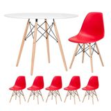 Mesa Redonda Eames 100cm Branco + 5 Cadeiras Vermelho
