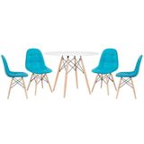 Mesa Redonda Eames 100 Cm Branco + 4 Cadeiras Estofadas Eiffel Botonê Azul Tiffany Azul Tiffany