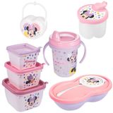 Kit Infantil Caneca Com Bico, Pote Para Papinha, Porta Leite Em Pó, Conjunto 3 Potes E Porta Chupetas Minnie Plasutil