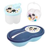 Kit Infantil Pote Papinha Com Divisória, Porta Leite Em Pó E Porta Chupeta Mickey Plasutil