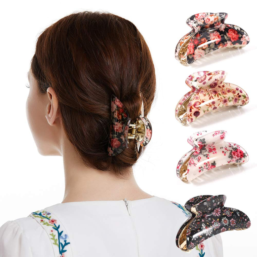 Clipes De Garra De Cabelo Definidos Para Mulheres, Meninas Concha De Tartaruga Média Dentes De Aderência Dupla Clamps Strong Jaw Cute Floral