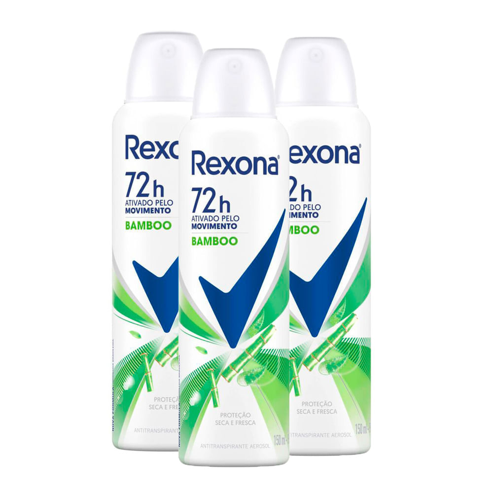 Kit 3 Desodorante Antitranspirante Aerosol Feminino Rexona Bamboo 72 Horas 150ml