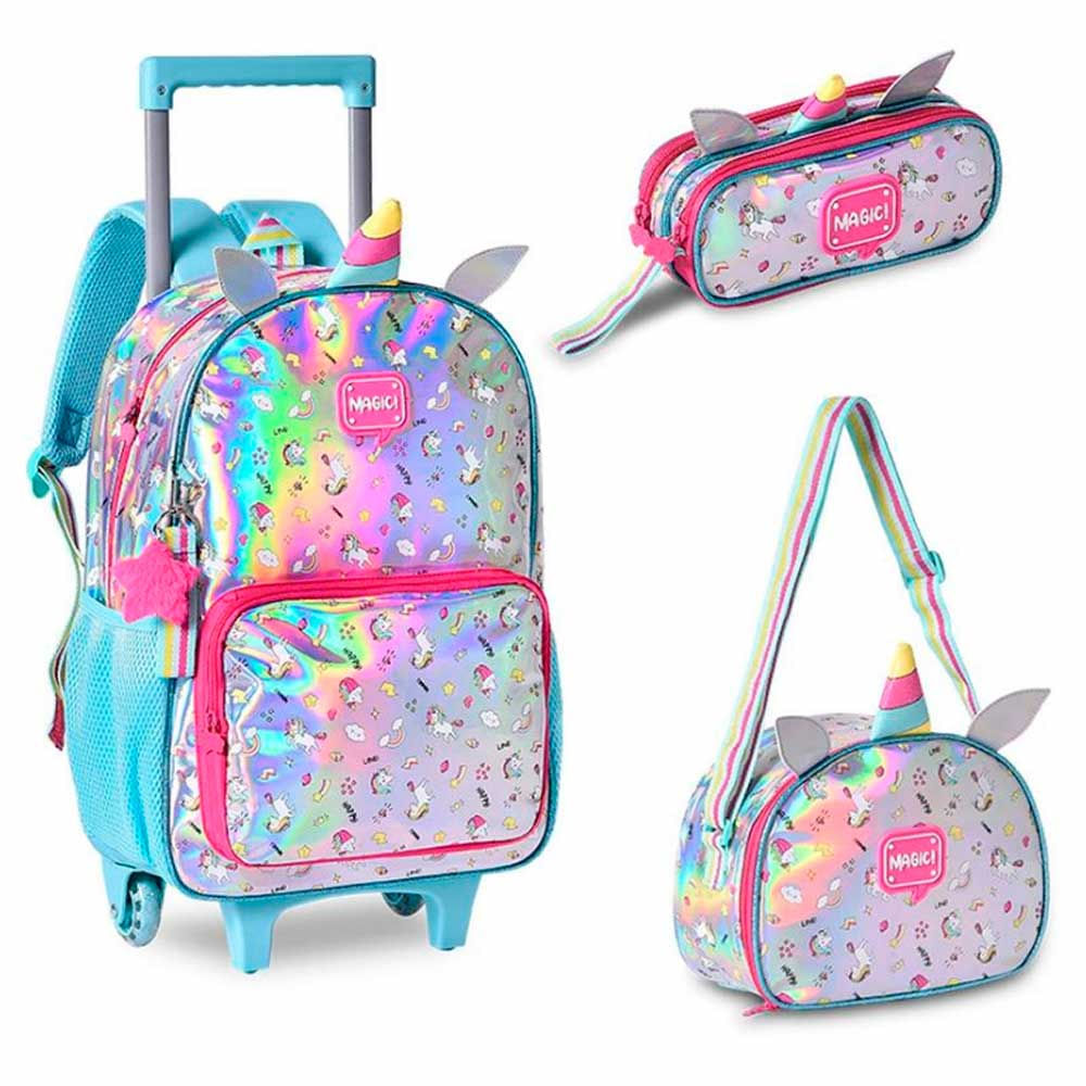 Kit Escolar Magic Unicornio Mochila Lancheira Estojo Holografico Clio Style