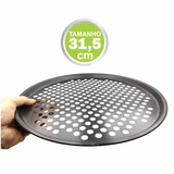 Forma De Pizza Assadeira Antiaderente Bandeja Aço Carbono Furada Redonda 31,5cm