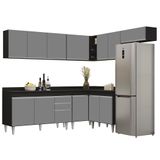 Armário De Cozinha Modulado De Canto 7 Peças Cp23 Balcão Com Tampo Preto/cinza - Lumil
