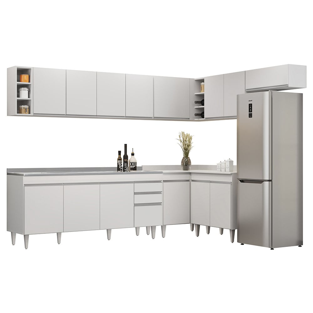 Armário De Cozinha Modulado De Canto 8 Peças Cp27 Com Pia Inox Branco - Lumil