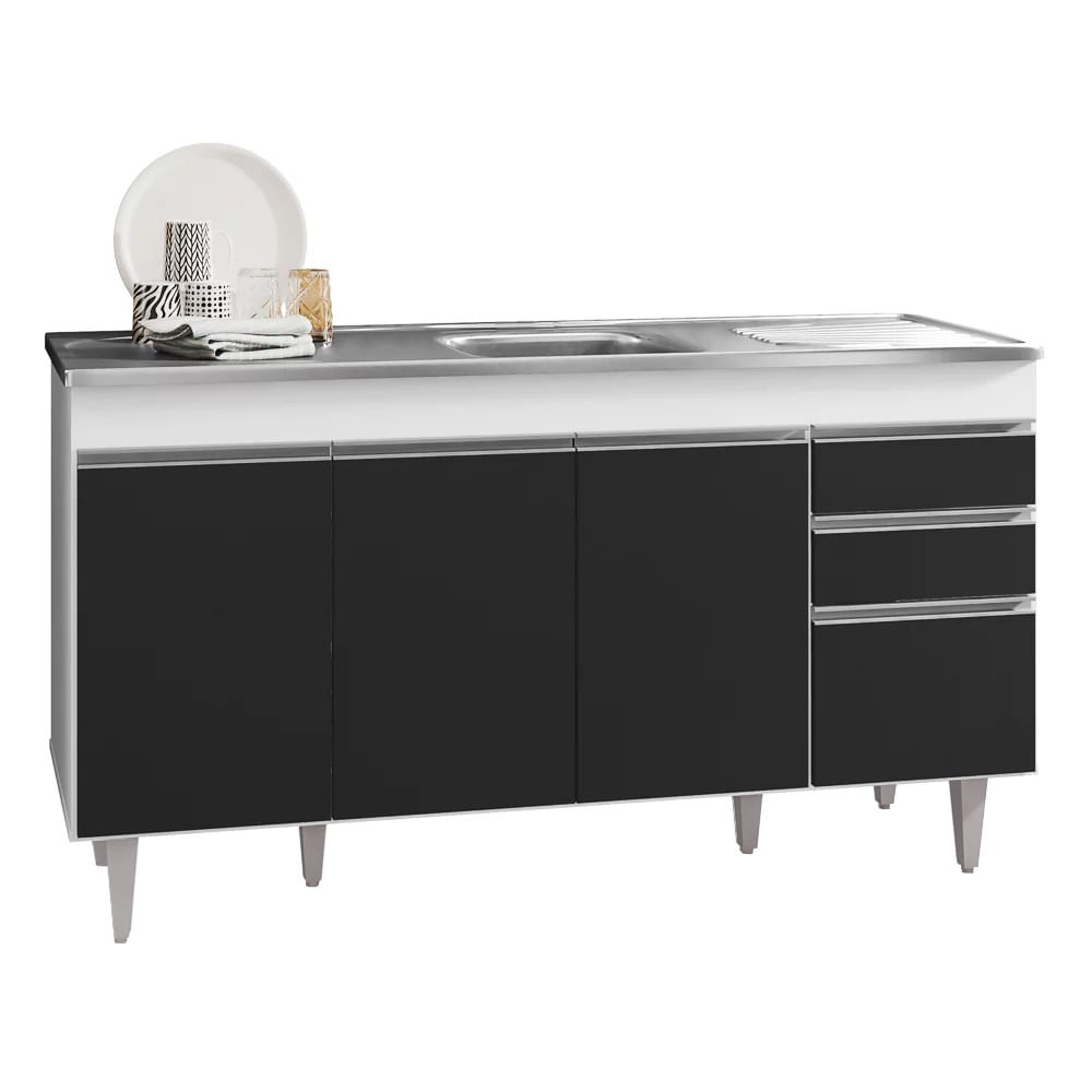 Balcão Gabinete Com Pia Inox 150cm 4 Portas 2 Gavetas Marrocos Branco/preto - Lumil