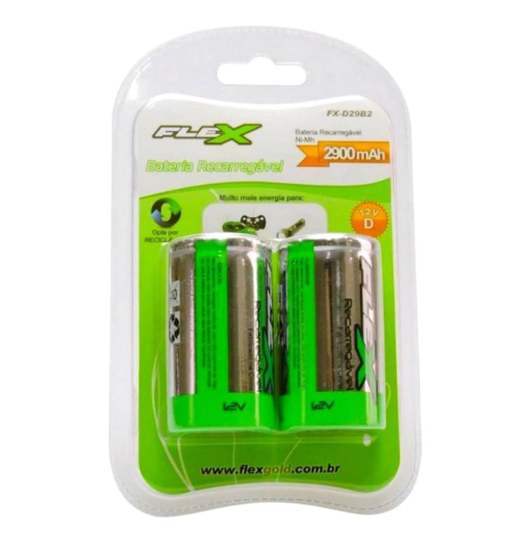 Pilha Bateria D Recarregável 2900mah 1.2v C/ 2 Unidades - Flex Gold