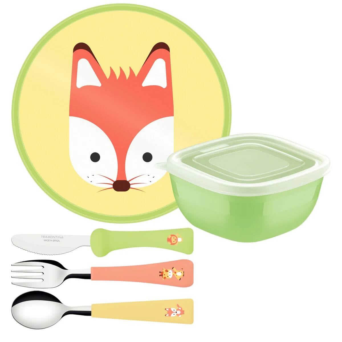 Kit Infantil Alimentação Pote Prato Talher Tramontina Baby Friends Plástico 5 Peças Colorido