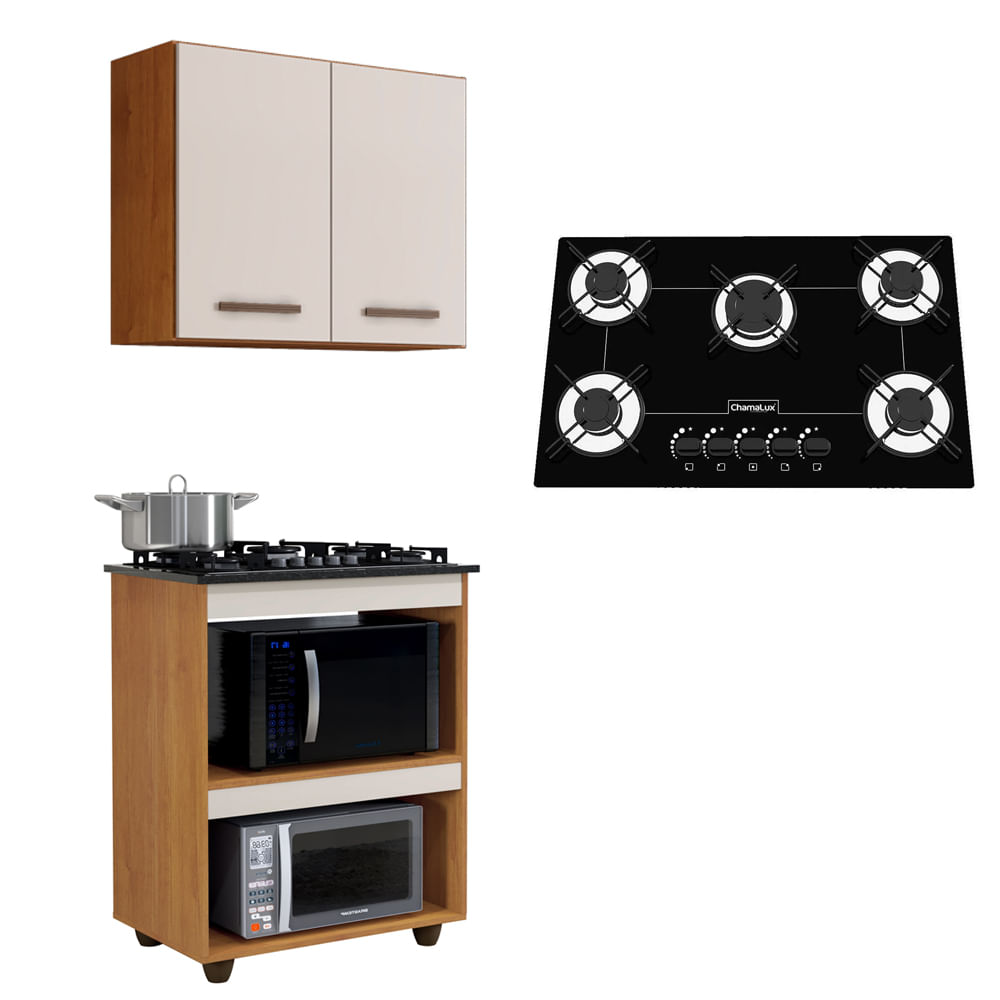 Kit Cozinha Balcão Armário Turim E Cooktop 5 Bocas Chamalux