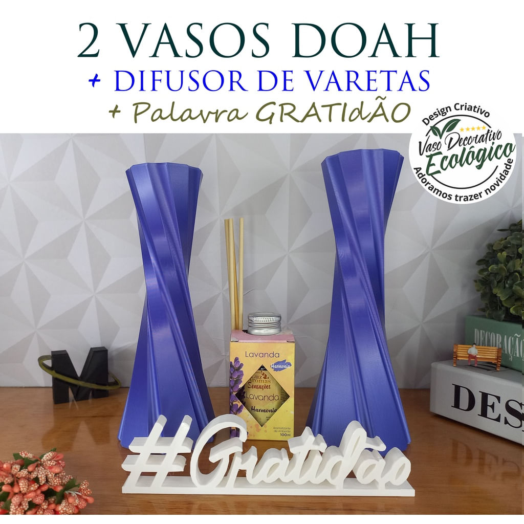 Super Combo Com 2 Vaso Decorativo + Difusor De Vareta + Palavra Gratidão - Decoração De Interiores, Sala, Quarto, Banhei