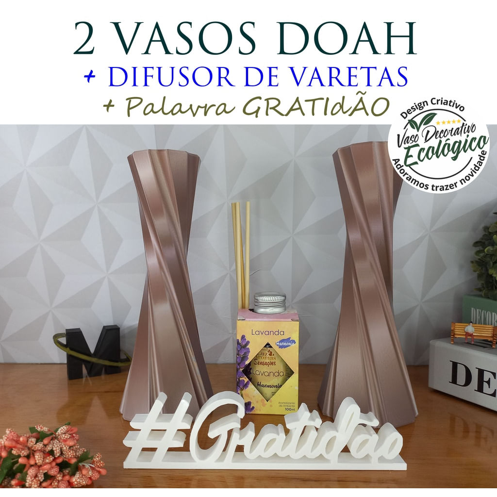 Super Combo Com 2 Vaso Decorativo + Difusor De Vareta + Palavra Gratidão - Decoração De Interiores, Sala, Quarto, Banhei