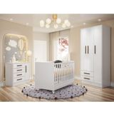 Quarto De Bebê Completo Berço Mini Cama Cômoda 4 Gavetas 1 Porta E Guarda Roupa 3 Portas Branco