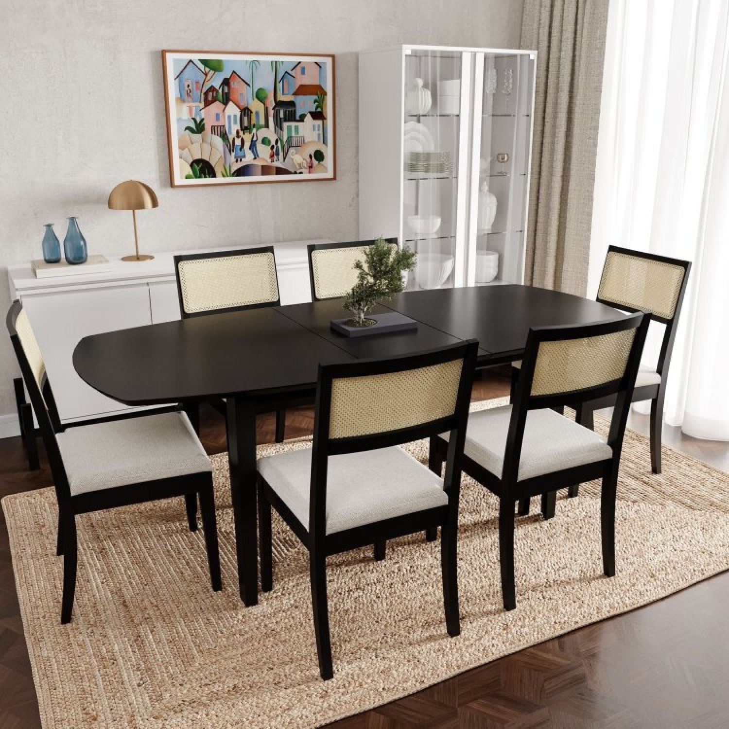 Conjunto Mesa Extensível Oval 6 Cadeira Madeira Maciça Encosto Telado Tiê Cabecasa Madeiramadeira