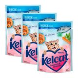 Kit 3 Ração Úmida Para Gatos Kelcat Sabor Peixe Com Ervilha E Cenoura Em Sachê 85g