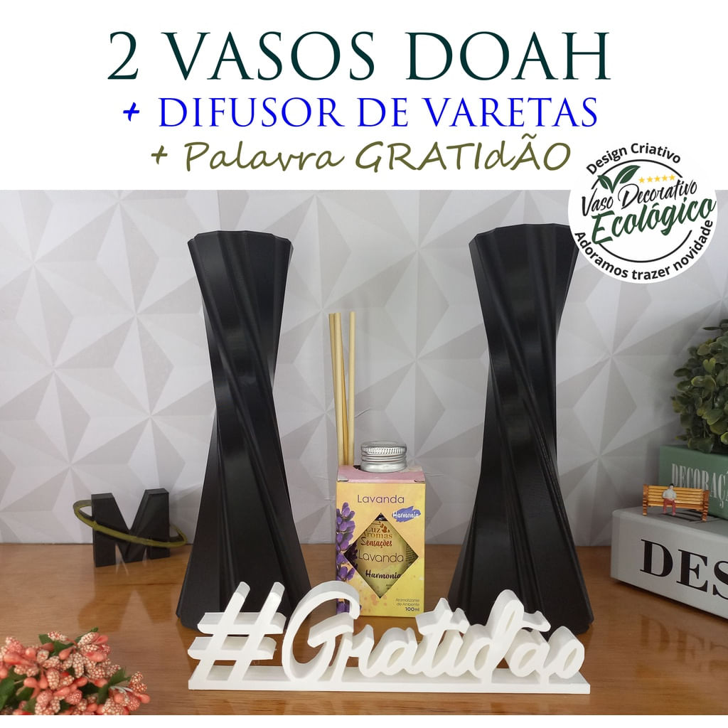 Super Combo Com 2 Vaso Decorativo + Difusor De Vareta + Palavra Gratidão - Decoração De Interiores, Sala, Quarto, Banhei