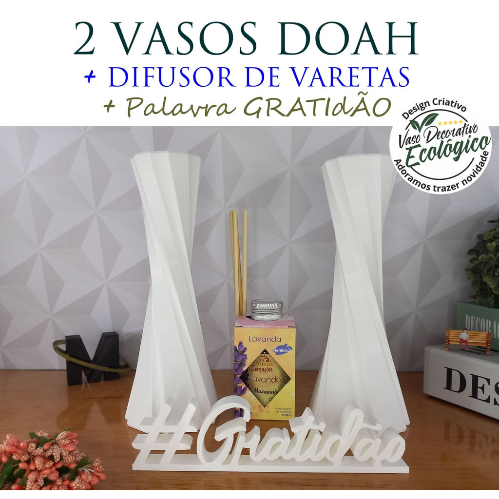 Super Combo Com 2 Vaso Decorativo + Difusor De Vareta + Palavra Gratidão - Decoração De Interiores, Sala, Quarto, Banhei