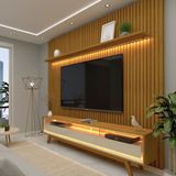 Painel Ripado com Rack para TV até 75 Polegadas LED, 3 Gavetas, 2 Prateleiras com Pés, 230cm, Nobre Gelius Móveis Naturale