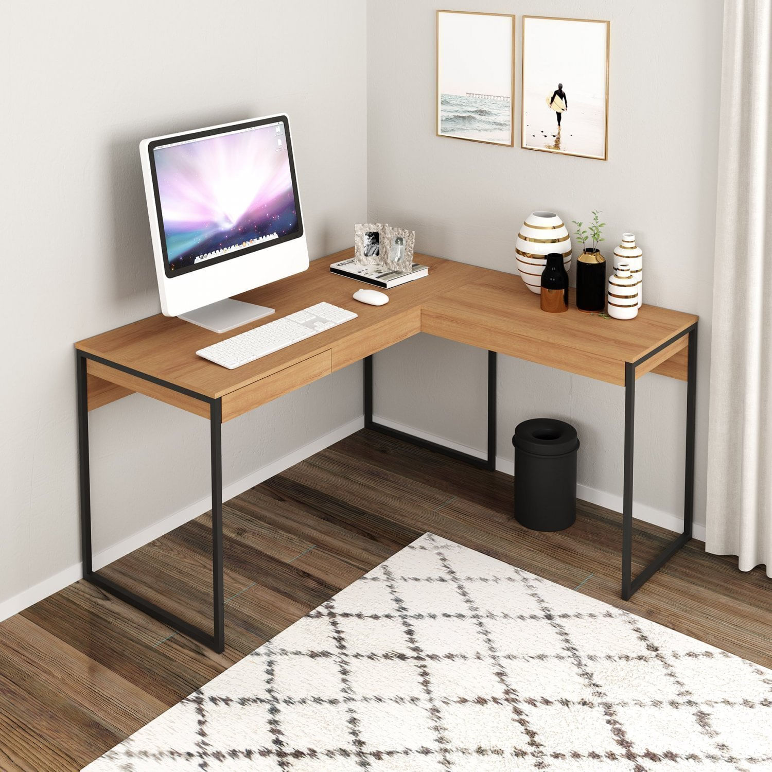 Mesa Para Escritório Em L Industrial Me4157 Tecno Mobili Amêndoa/preto