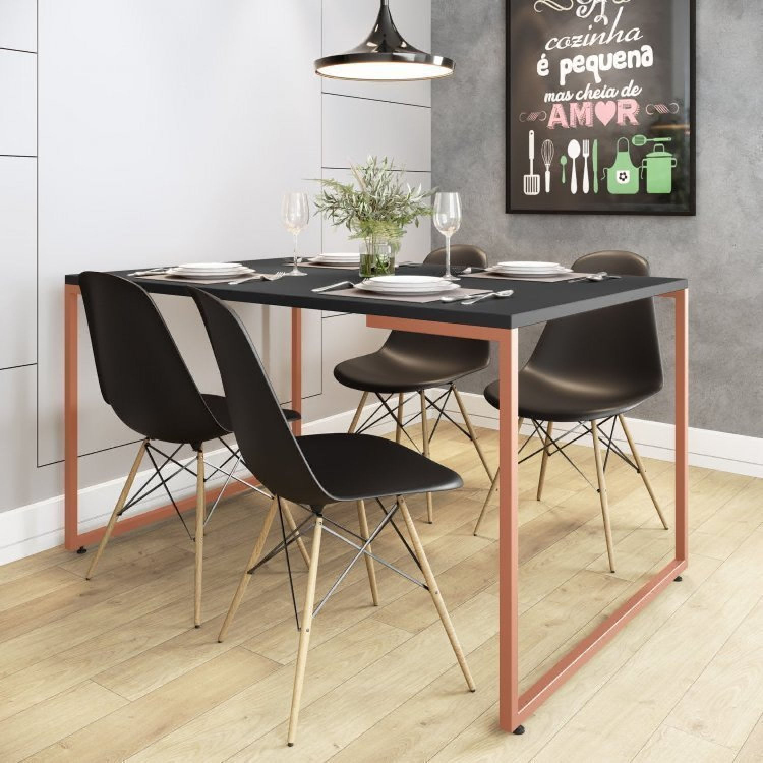 Conjunto Mesa De Jantar Industrial Com 4 Cadeiras Base Madeira Eames Espresso Móveis