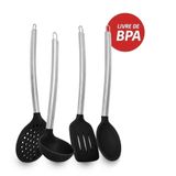 Kit Utensílios De Cozinha Silicone Cabo Metal 04 Peças Preto