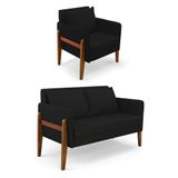 Kit 1 Sofá Namoradeira E 1 Poltrona Lana Linho Preto A79 Base De Madeira - D&#39;rossi