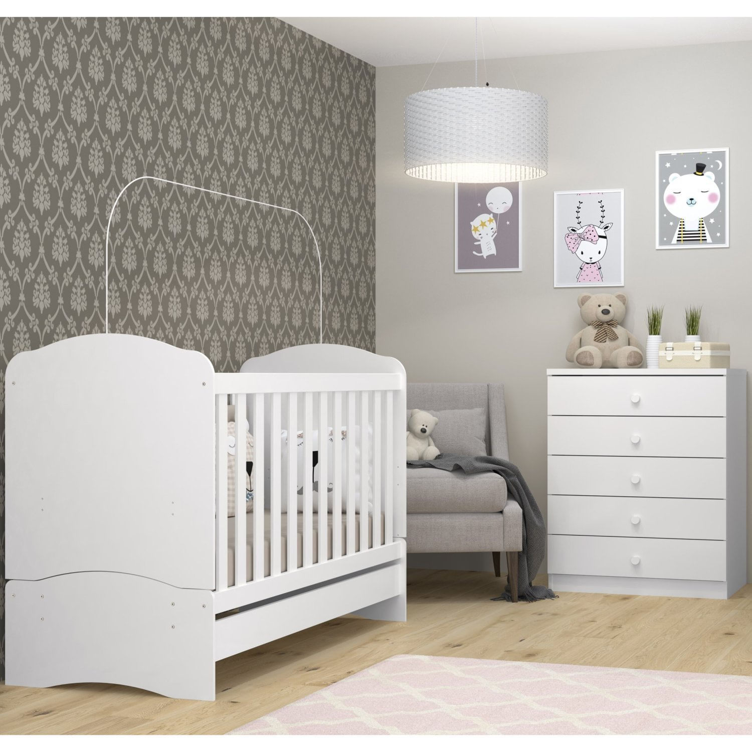 Quarto De Bebê Completo Com Berço Mini Cama E Cômoda Lápis De Cor Espresso Móveis Branco