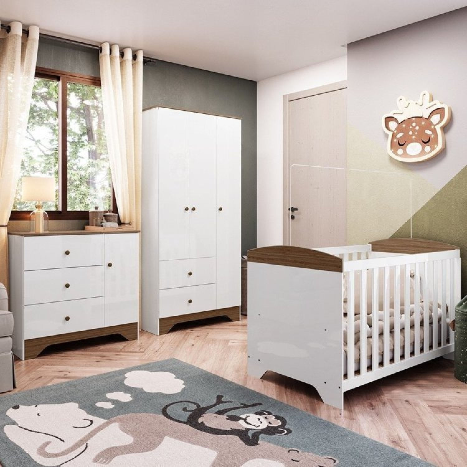 Quarto De Bebê Com Guarda Roupa Cômoda E Berço Americano 100% Mdf Ayla Branco Brilho/carvalho