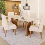 Conjunto Sala De Jantar Mesa Tampo Mdf/vidro Com 6 Cadeiras Joana Nature/off White/linho