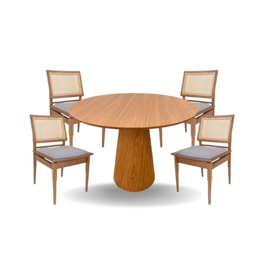 Conjunto Mesa De Jantar Cone 90 Cm Freijó Com 4 Cadeiras Madeira Maciça Tela Sextavada E Assento Em Linho Cor Marrom