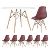 Mesa Redonda Eames 120cm Branco + 6 Cadeiras Marrom