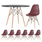 Mesa Redonda Eames 100cm Preto + 6 Cadeiras Marrom