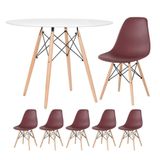 Mesa Redonda Eames 100cm Branco + 5 Cadeiras Marrom