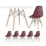 Mesa Redonda Eames 120cm Branco + 5 Cadeiras Marrom