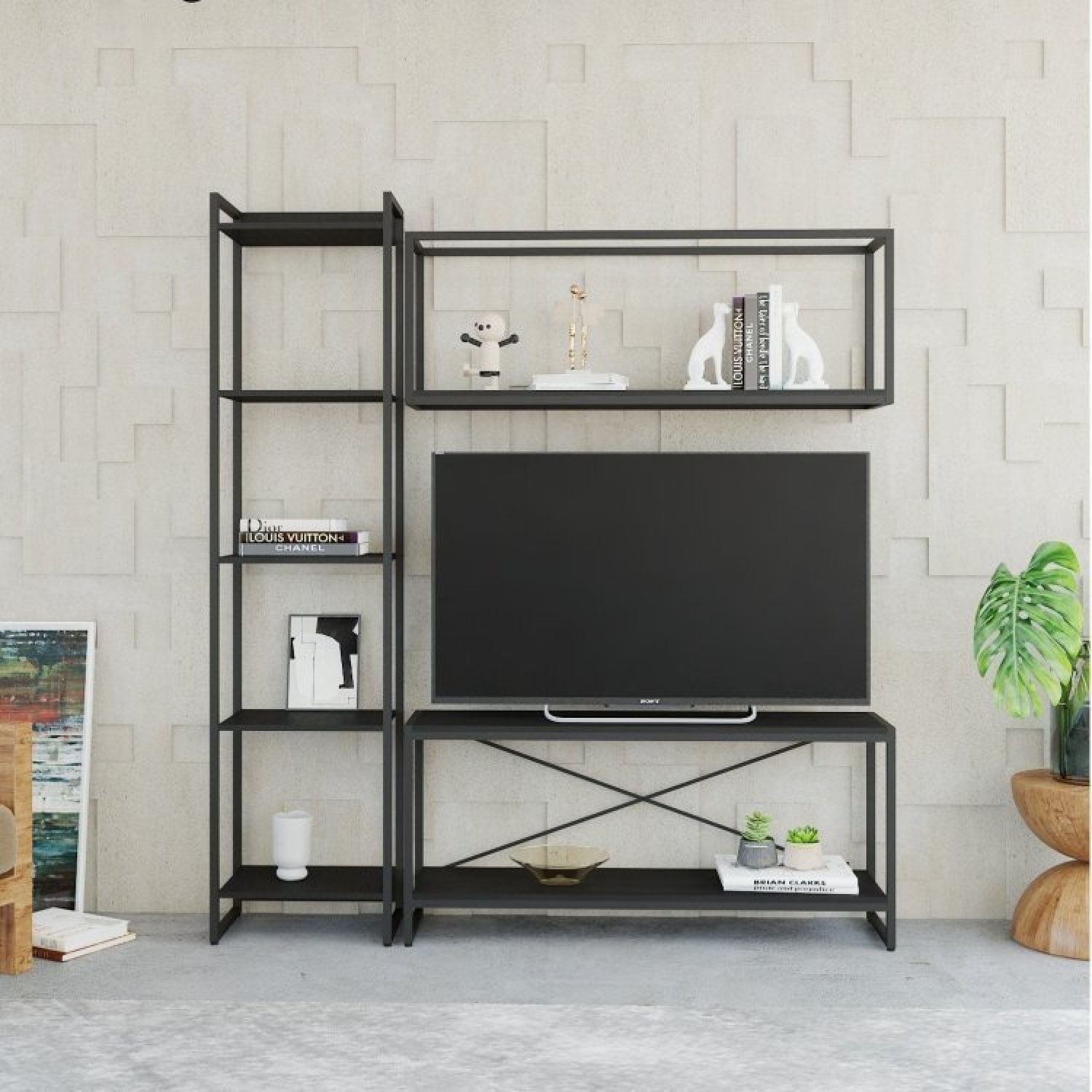 Conjunto Rack Para Tv Até 50 Polegadas 1 Nicho Aéreo 1 Estante Estilo Industrial Active Yescasa Preto Onix