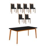 Mesa Jantar Jade 160x90cm Preto Com 6 Cadeiras Estofadas Em Couro Pu Preta Base Madeira Maciça Mel