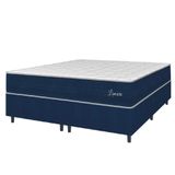 Cama Box Casal King Colchão Molas Ensacadas Lamore 193x203x70cm Azul Veludo/ Malha Branca Hellen - Suporta Até 110kg Por Pessoa Azul