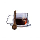 Caneca Parede Dupla De Vidro 200ml Tucano-de-bico-preto C- Pires E Colher De Bambu - Transparente