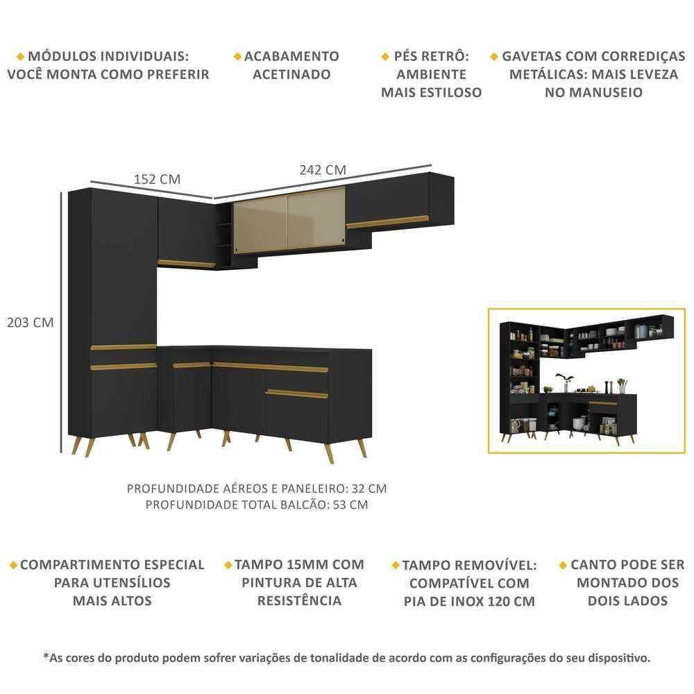 Cozinha Completa De Canto Veneza Gb Mp2052 Com Armário E Balcão Preta