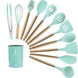 Kit 12 Peças Utensílios Silicone Verde Concha Colher Madeira