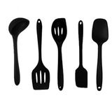 Kit 5 Utensílios Silicone Colher Raspador Concha Espátula Preto