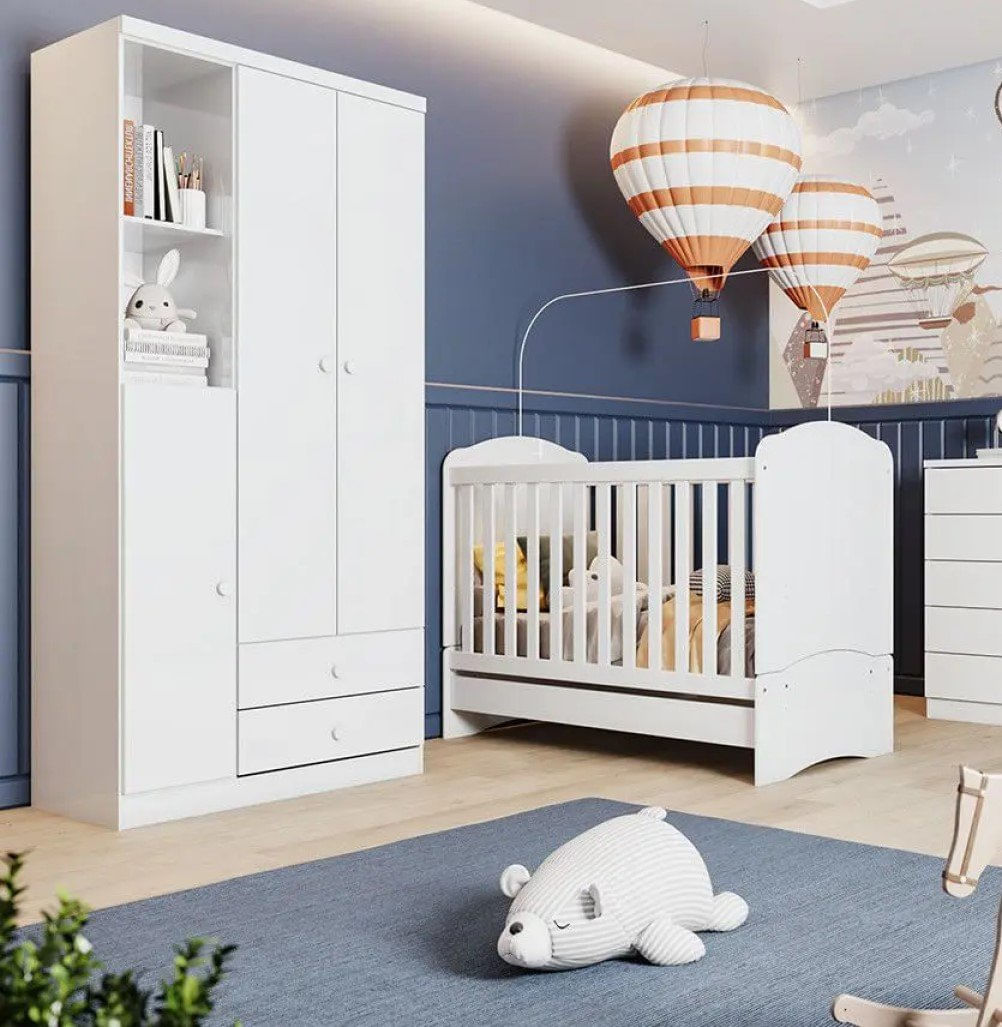 Quarto De Bebê Compacto Com Berço E Guarda Roupa Lápis De Cor Espresso Móveis Branco