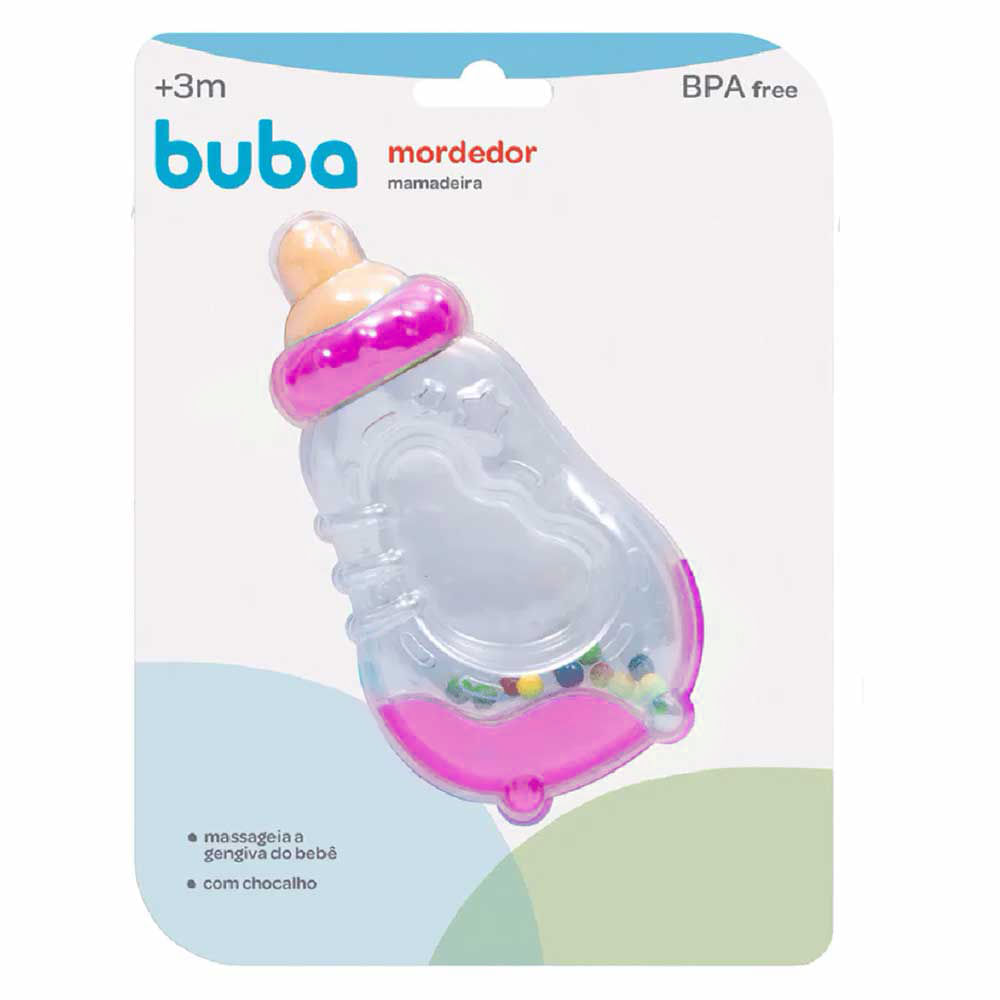 Chocalho E Mordedor Para Bebe 2 Em 1 Mamadeira Rosa Buba