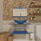 Gabinete De Vidro Para Banheiro 60cm Ac Cuba Oval Com Sifao E Torneira Metal Cor:azul