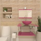 Gabinete De Vidro Para Banheiro 60cm Inox Cuba Redonda Com Sifao E Torneira Metal Cor:rosa