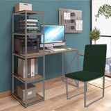 Kit Escritório Mesa E Cadeira Stan Cinza Suede Verde Musgo