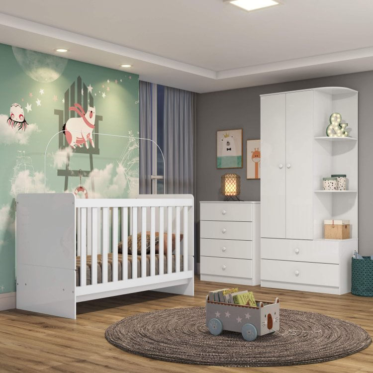 Conjunto Quarto de Bebê Berço Mini Cama, Guarda Roupa e Cômoda Sonho Encantado Espresso Móveis Branco