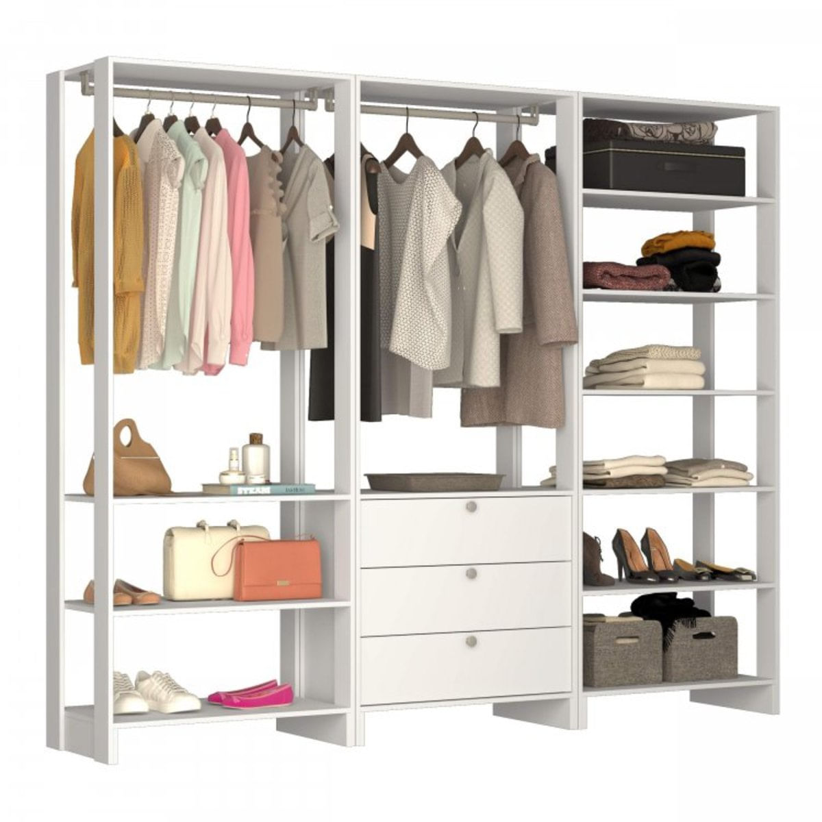 Guarda Roupa Closet 3 Peças com 2 Cabideiros 3 Gavetas e 10 Nichos Yes Nova Mobile Branco