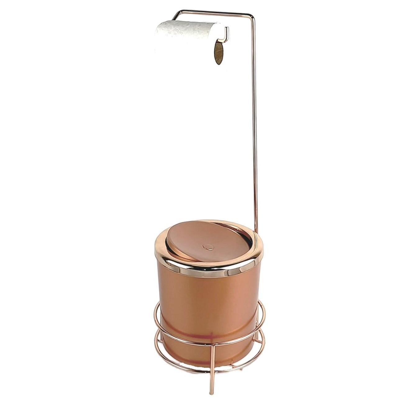 Kit Suporte Papel Higiênico Lixeira 5l Banheiro - Rose Gold