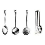 Kit 4 Utensílios Cozinha Concha Escumadeira Pegador Colher